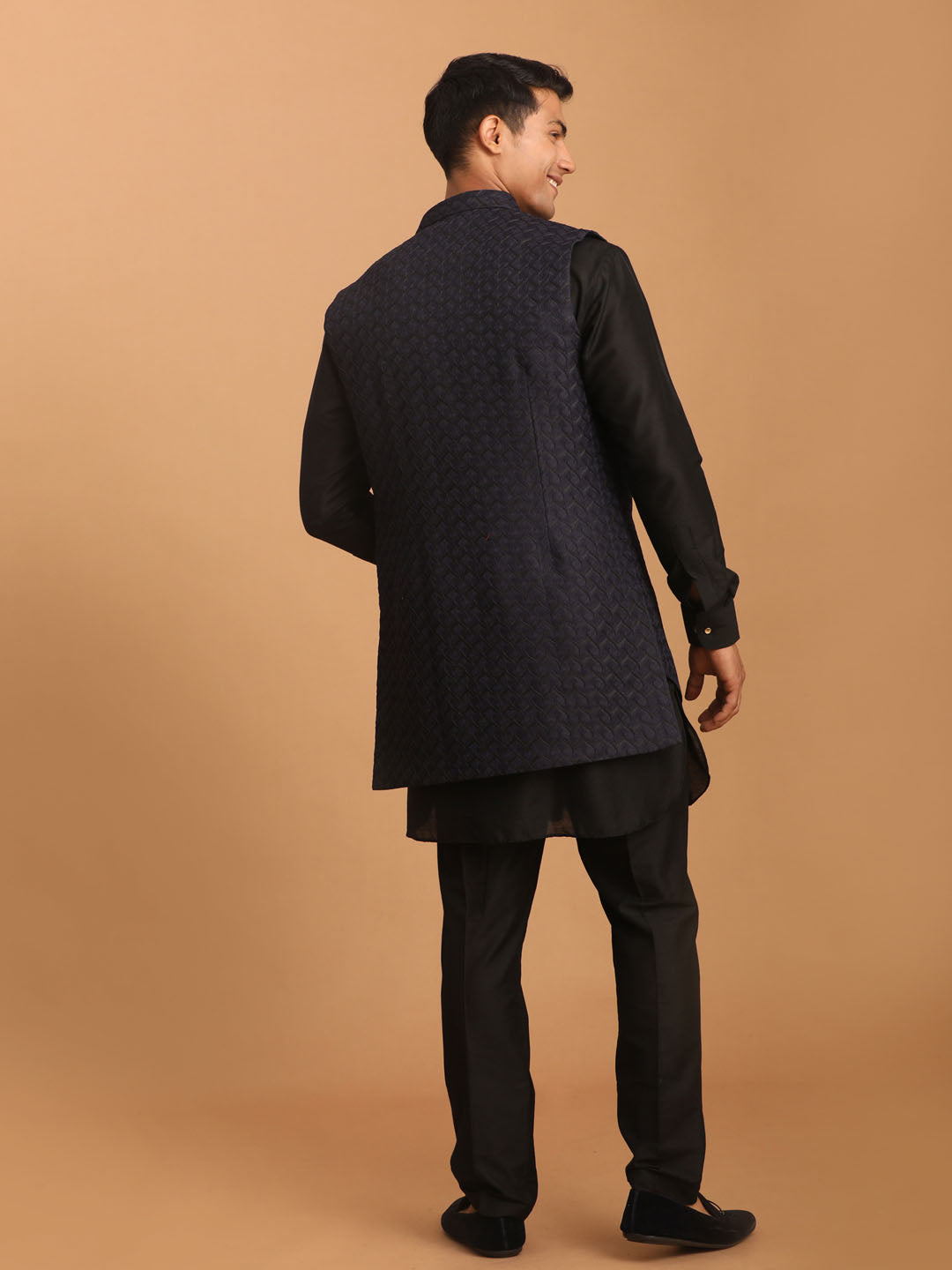 VASTRAMAY Men's Navy Blue Jacket With Kurta Pant Set