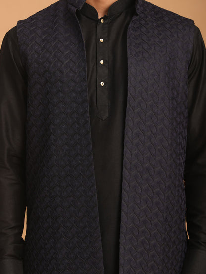 VASTRAMAY Men's Navy Blue Jacket With Kurta Pant Set