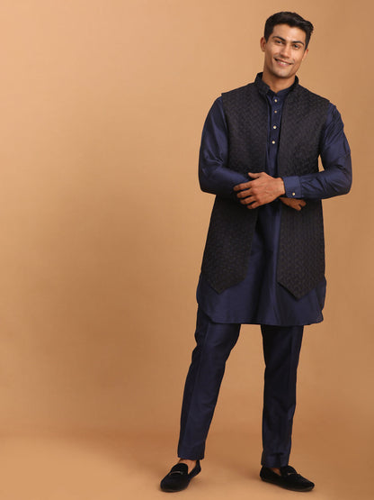 SHRESTHA By VASTRAMAY Men's Blue Woven Jacket With Kurta Pant Set