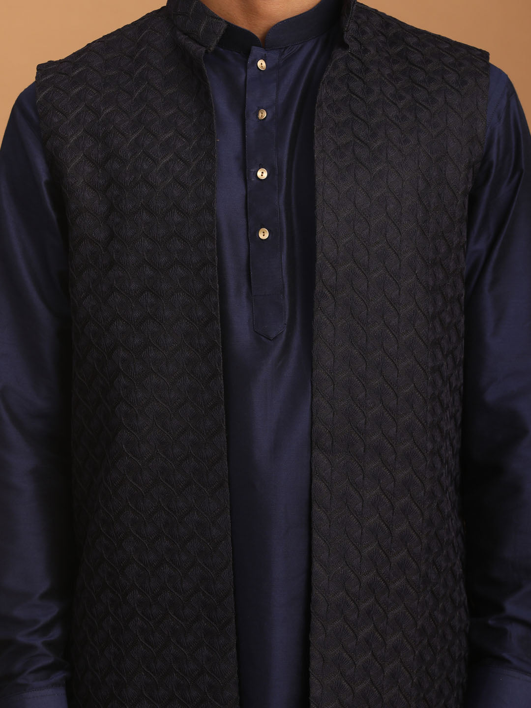 VASTRAMAY Men's Blue Woven Jacket With Kurta Pant Set