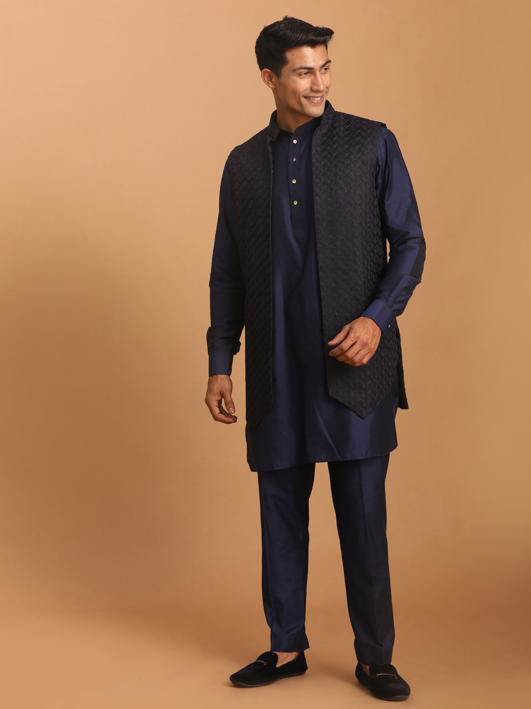 VASTRAMAY Men's Blue Woven Jacket With Kurta Pant Set