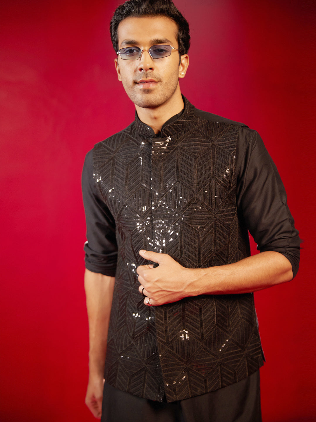 SHRESTHA By VASTRAMAY Men's Black Sequince Nehru Jacket