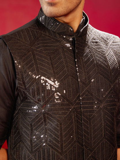 SHRESTHA By VASTRAMAY Men's Black Sequince Nehru Jacket