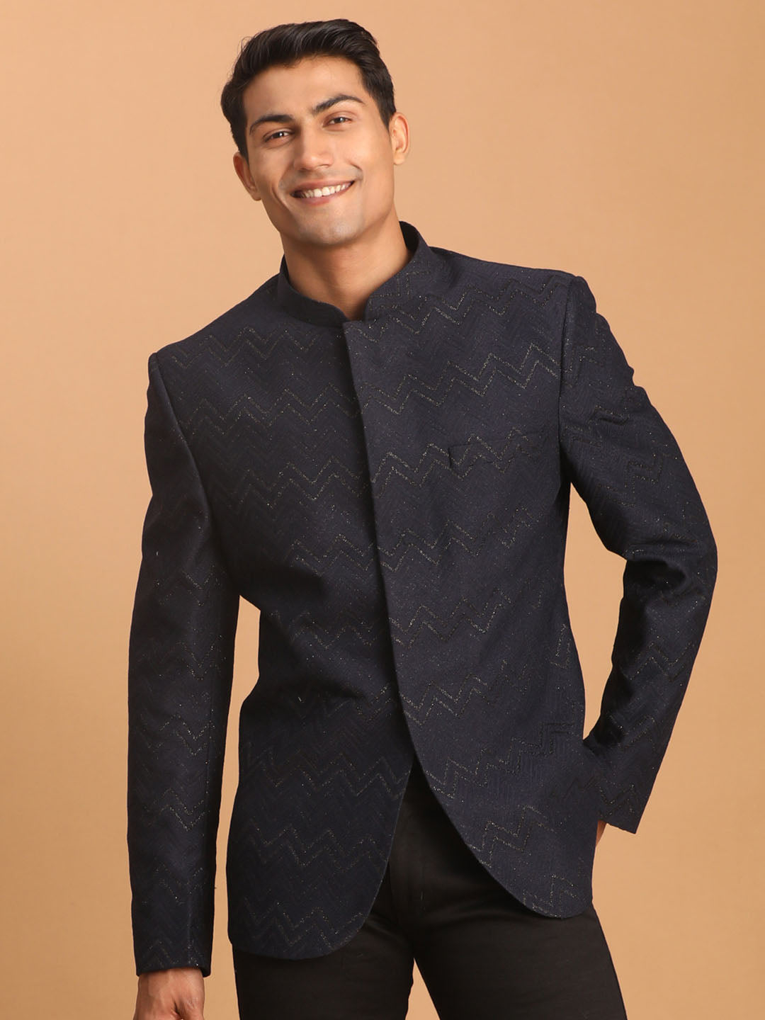 vastramay mens navy blue silk blend glitter zig zag jodhpuri