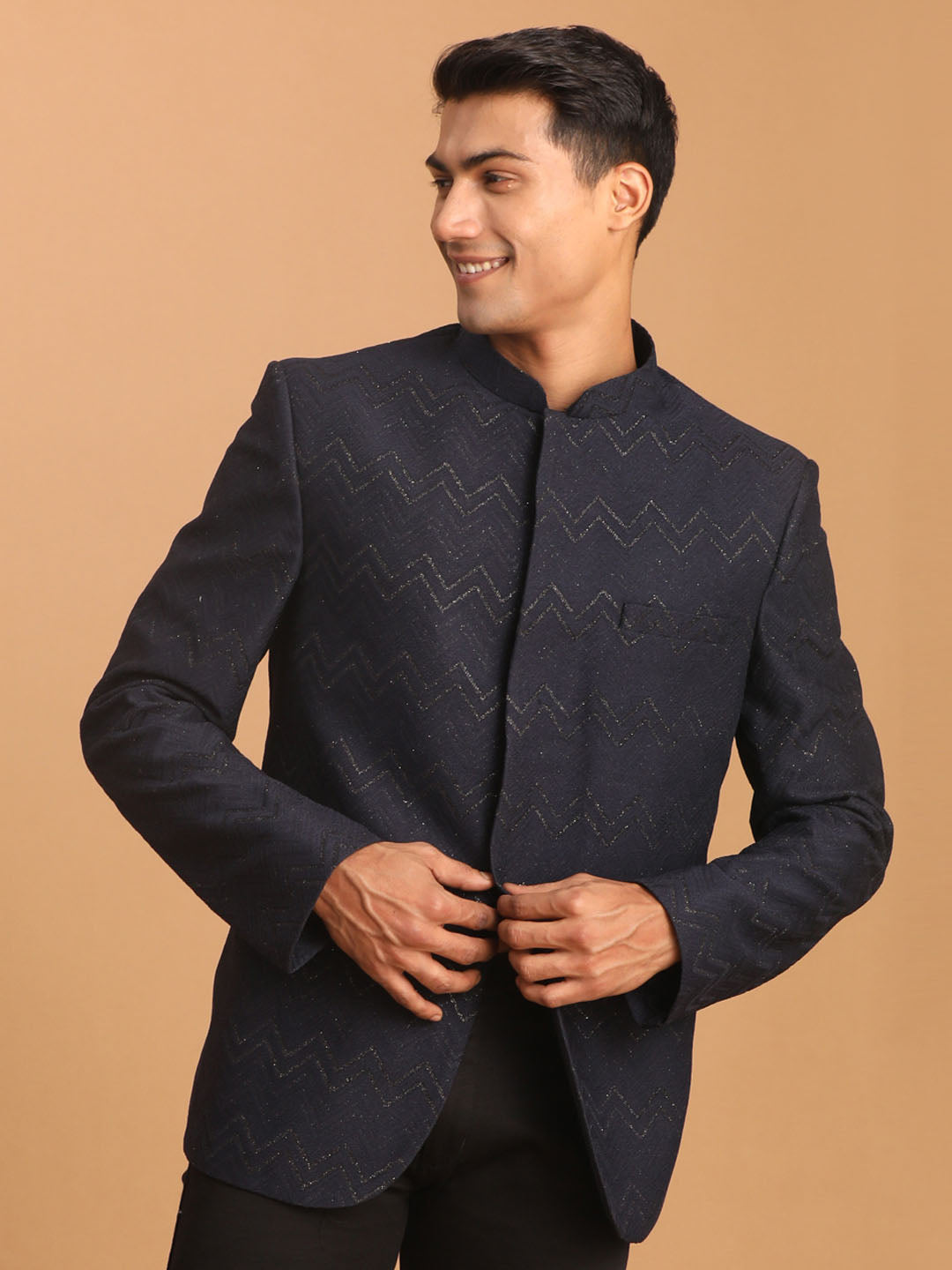 vastramay mens navy blue silk blend glitter zig zag jodhpuri