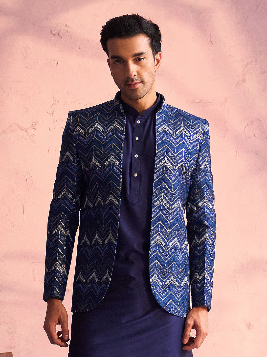 VASTRAMAY Men's Navy Blue Silk Embroidered Jodhpuri