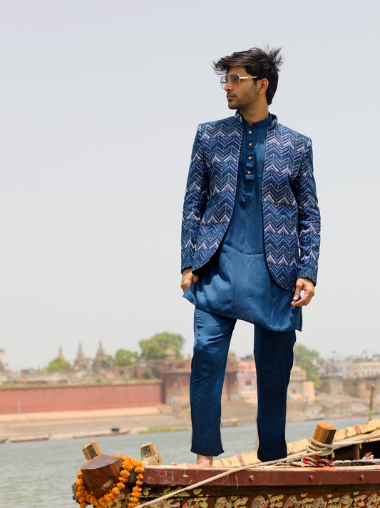 VASTRAMAY Men's Navy Blue Silk Embroidered Jodhpuri With Curved Kurta Pant Set