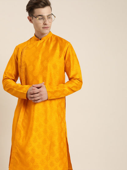 Vastramay Men Yellow Angrakha Style Kurta With Solid Pyjama