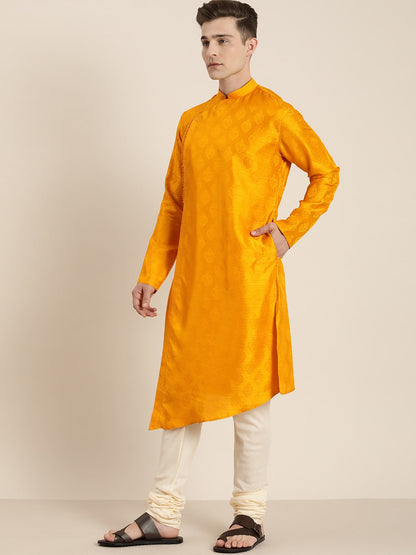 Vastramay Men Yellow Angrakha Style Kurta With Solid Pyjama