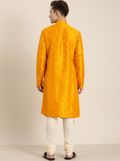 Vastramay Men Yellow Angrakha Style Kurta With Solid Pyjama