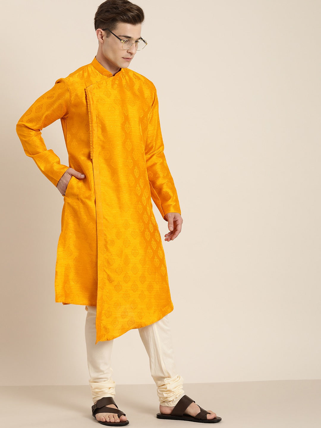 Vastramay Men Yellow Angrakha Style Kurta With Solid Pyjama