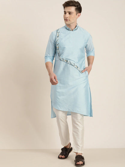 Vastramay Men's Aqua Blue Tread Work Kurta With Cream Pant