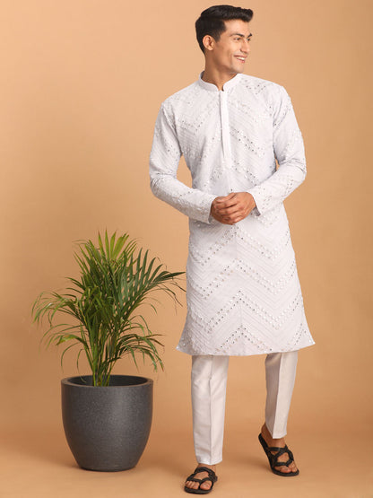 vastramay mens aqua blue embroidered mirror work kurta with solid stylish pant set