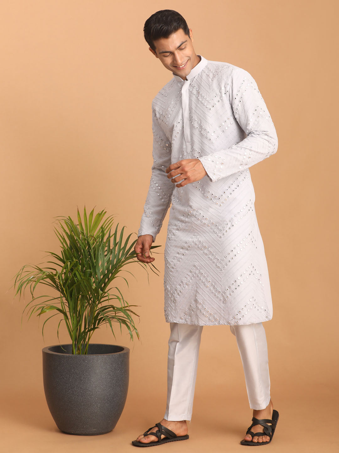 vastramay mens aqua blue embroidered mirror work kurta with solid stylish pant set