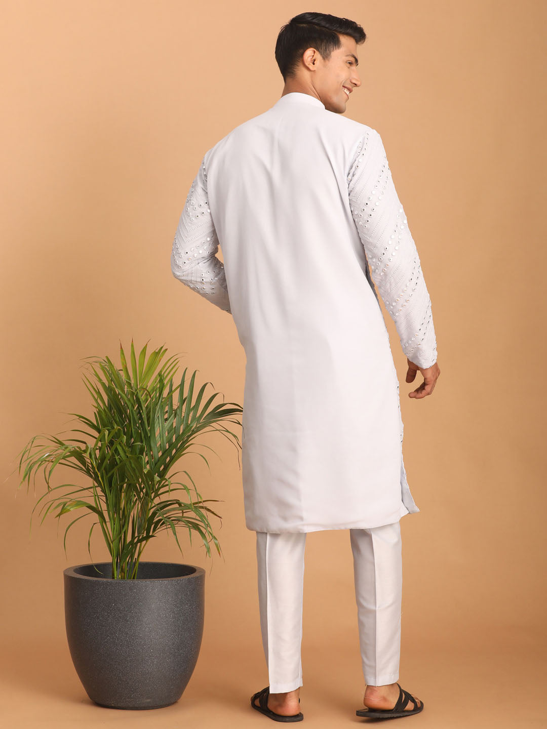 vastramay mens aqua blue embroidered mirror work kurta with solid stylish pant set