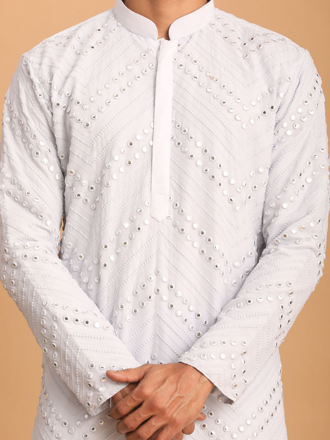 vastramay mens aqua blue embroidered mirror work kurta with solid stylish pant set