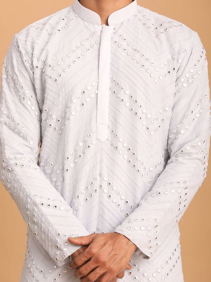 vastramay mens aqua blue embroidered mirror work kurta with solid stylish pant set