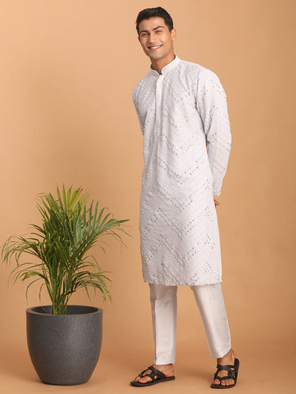 vastramay mens aqua blue embroidered mirror work kurta with solid stylish pant set