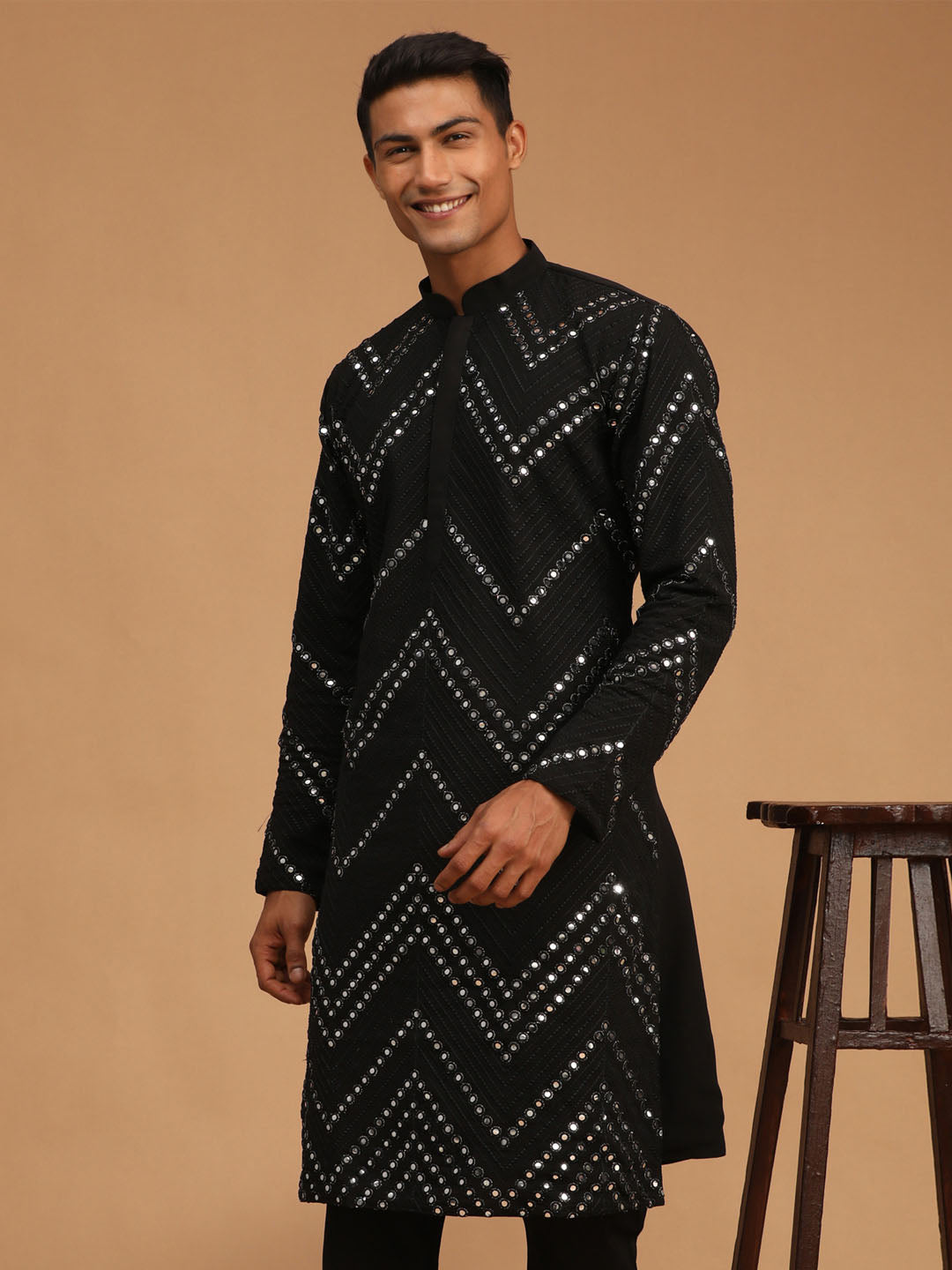 shrestha by Vastramay mens black embroidered mirror work kurta