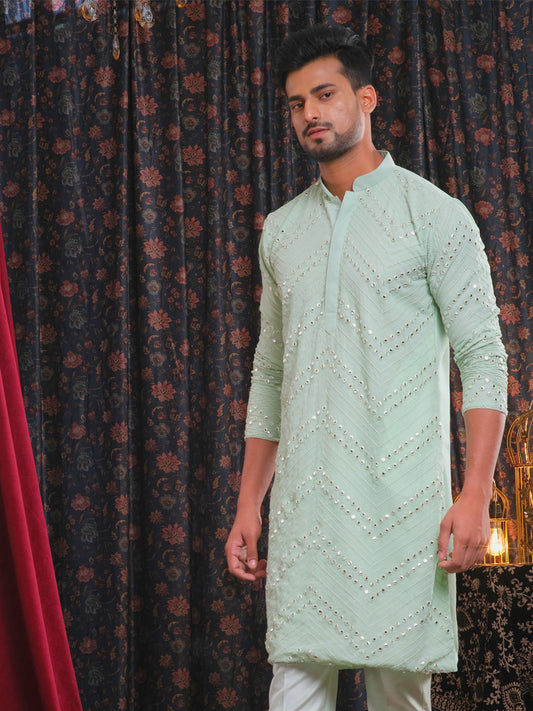 vastramay mens mint green embroidered mirror work kurta