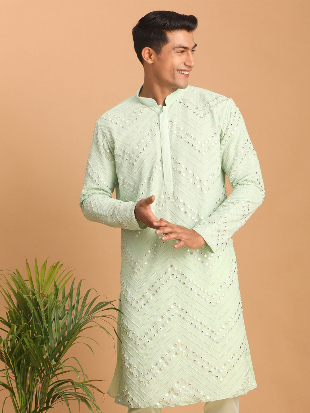 vastramay mens mint green embroidered mirror work kurta