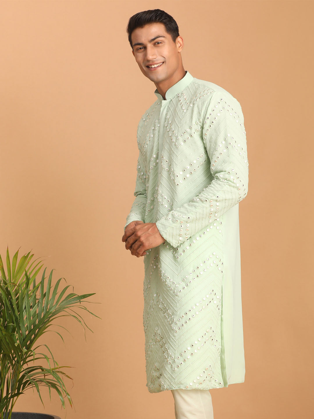 vastramay mens mint green embroidered mirror work kurta