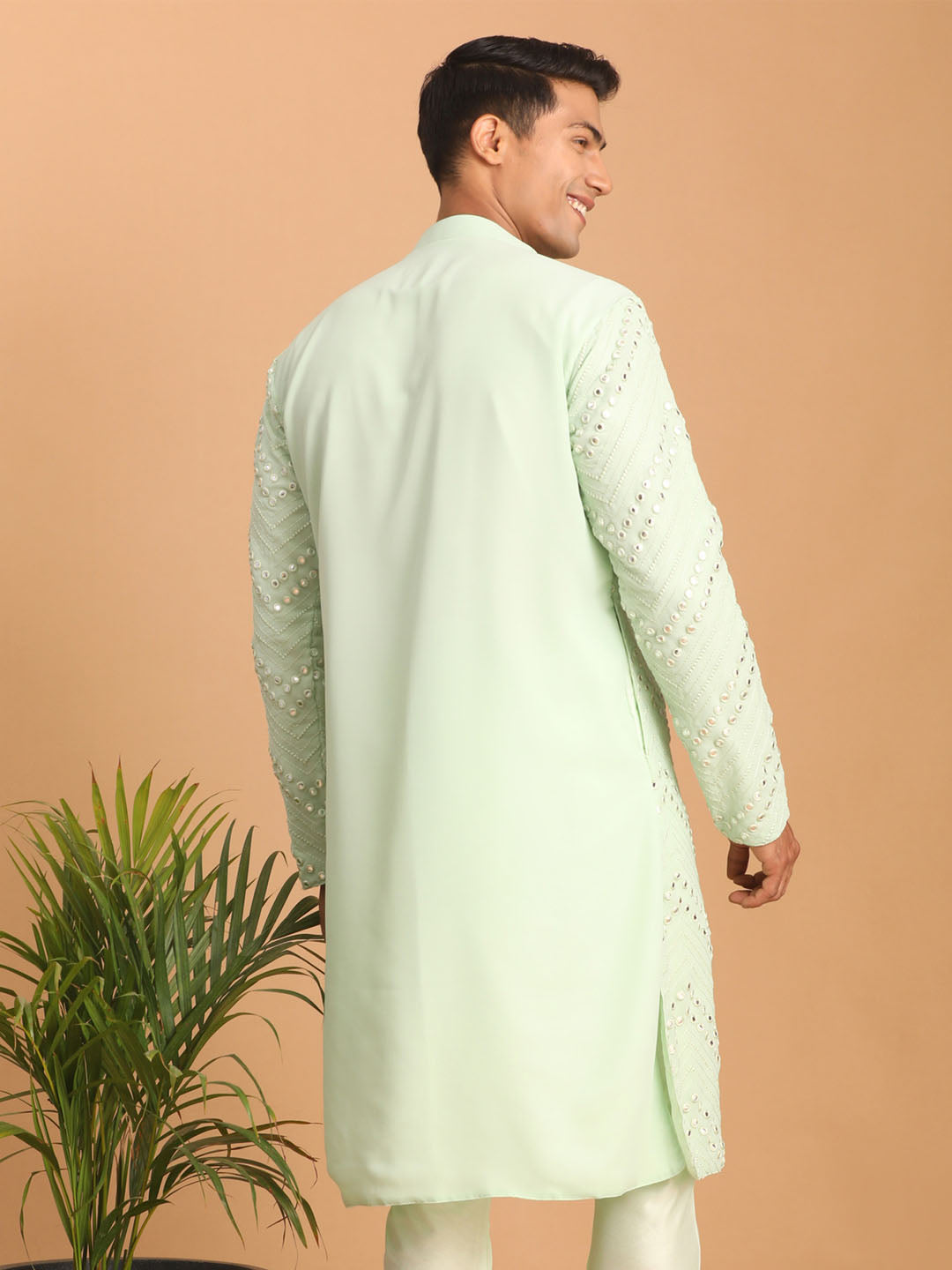 vastramay mens mint green embroidered mirror work kurta