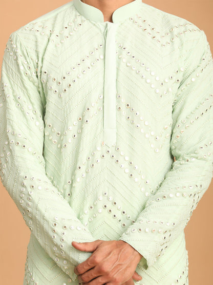 vastramay mens mint green embroidered mirror work kurta