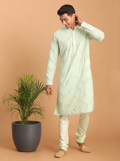 vastramay mens mint green embroidered mirror work kurta