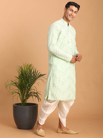 vastramay mens mint green embroidered mirror work kurta with white cowl dhoti set