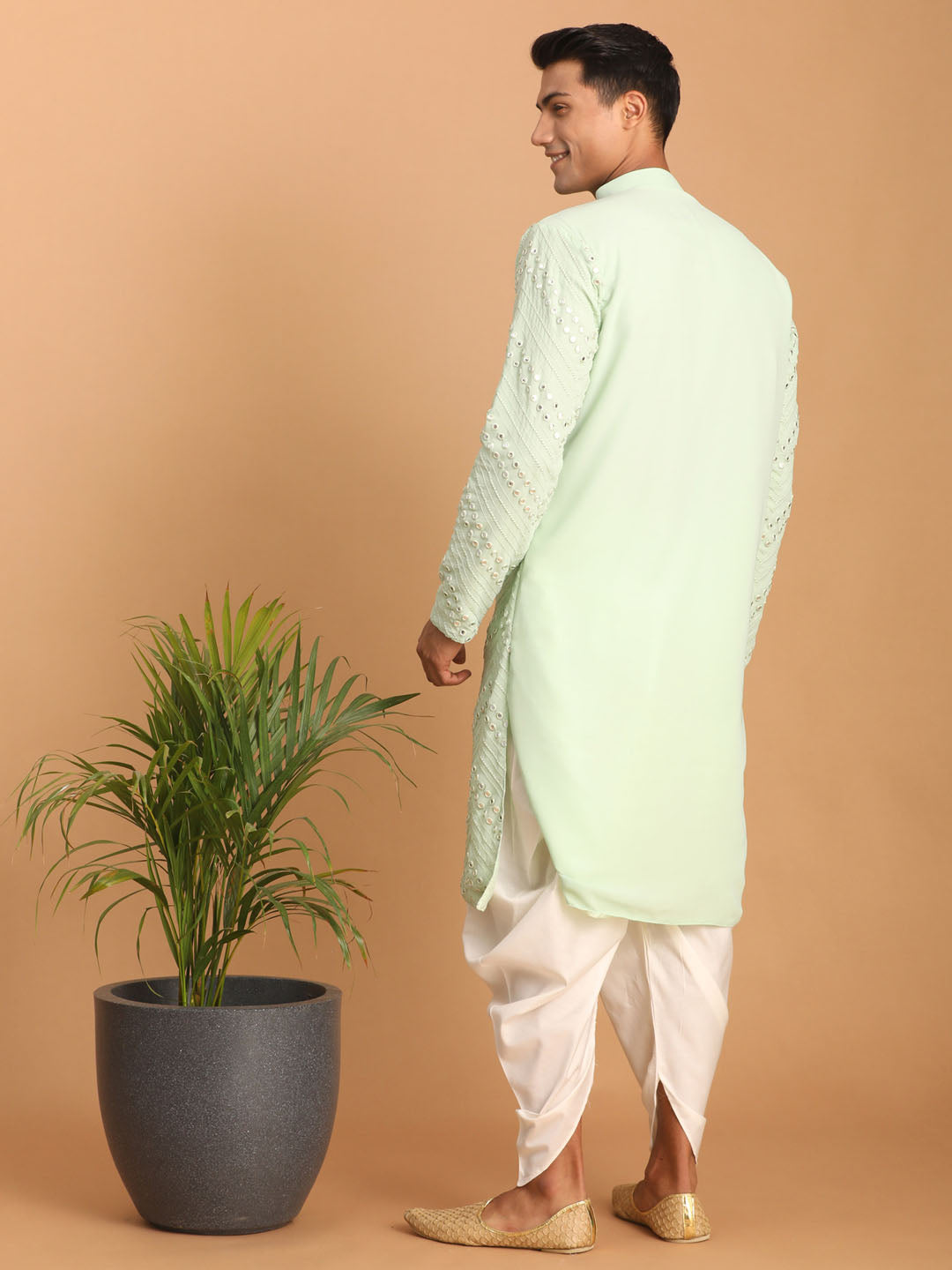 vastramay mens mint green embroidered mirror work kurta with white cowl dhoti set