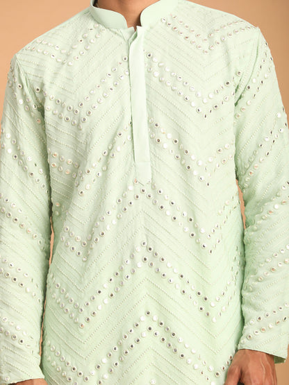 vastramay mens mint green embroidered mirror work kurta with white cowl dhoti set