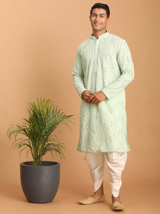 vastramay mens mint green embroidered mirror work kurta with white cowl dhoti set