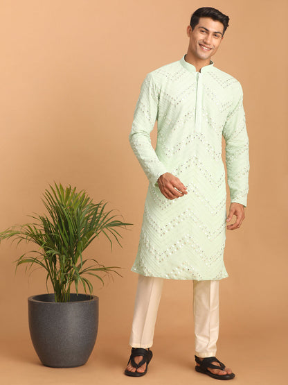 vastramay mens mint green embroidered mirror work kurta with cream solid stylish pant set