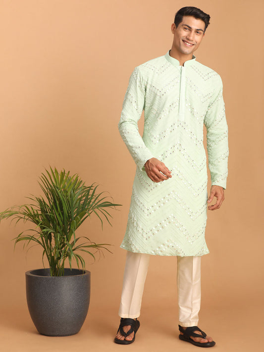 vastramay mens mint green embroidered mirror work kurta with cream solid stylish pant set