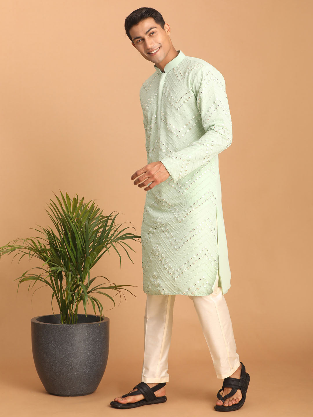 vastramay mens mint green embroidered mirror work kurta with cream solid stylish pant set