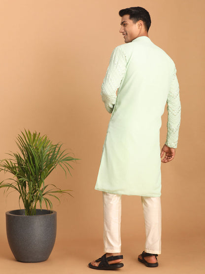 vastramay mens mint green embroidered mirror work kurta with cream solid stylish pant set