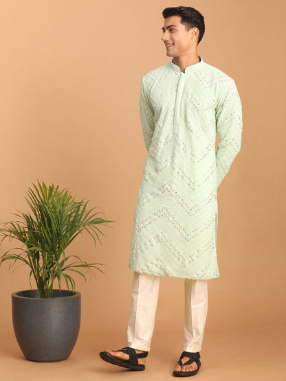 vastramay mens mint green embroidered mirror work kurta with cream solid stylish pant set