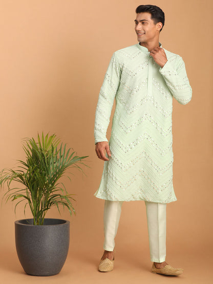 vastramay mens mint green embroidered mirror work kurta with solid stylish pant set