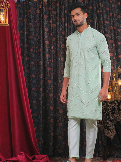 vastramay mens mint green embroidered mirror work kurta with solid stylish pant set