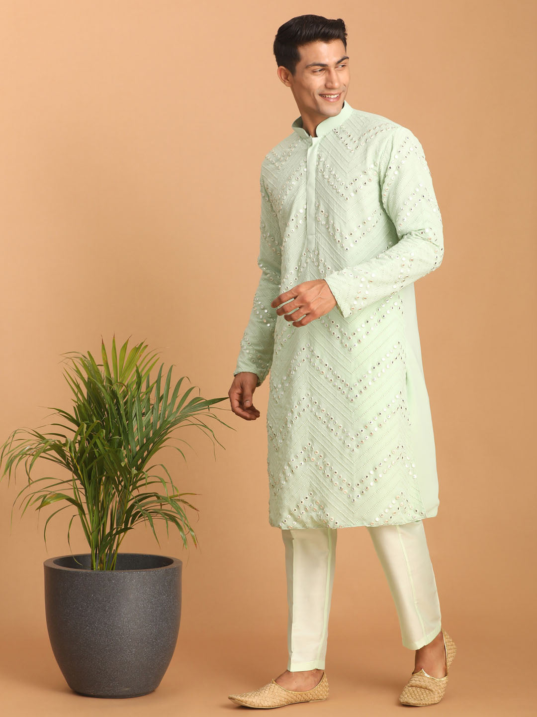 vastramay mens mint green embroidered mirror work kurta with solid stylish pant set