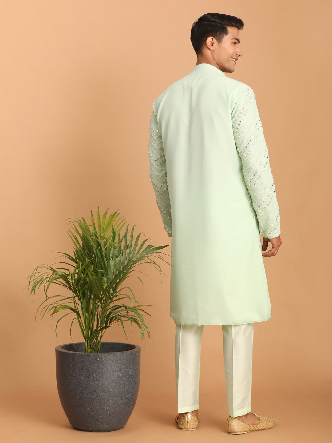 vastramay mens mint green embroidered mirror work kurta with solid stylish pant set