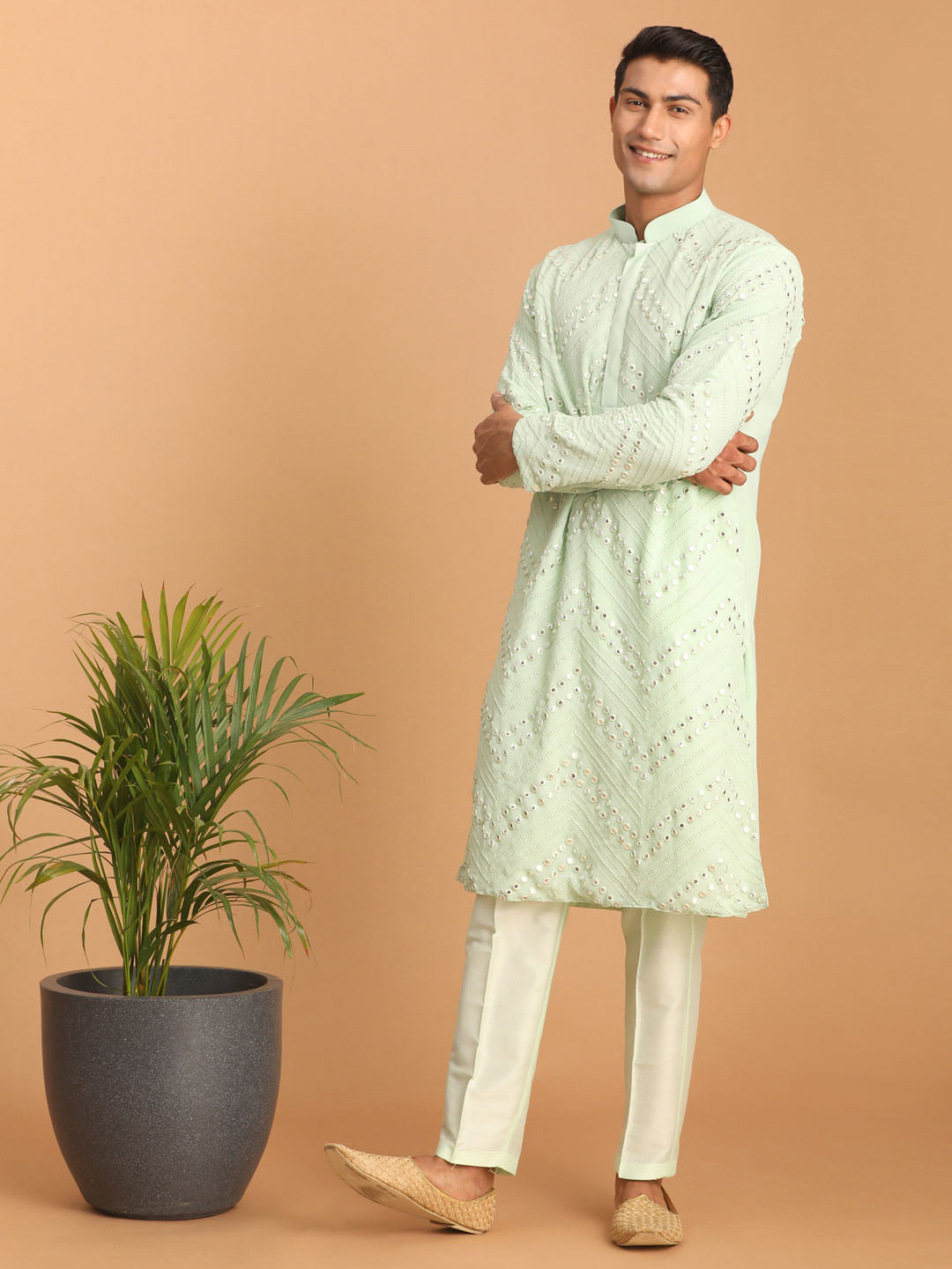 vastramay mens mint green embroidered mirror work kurta with solid stylish pant set