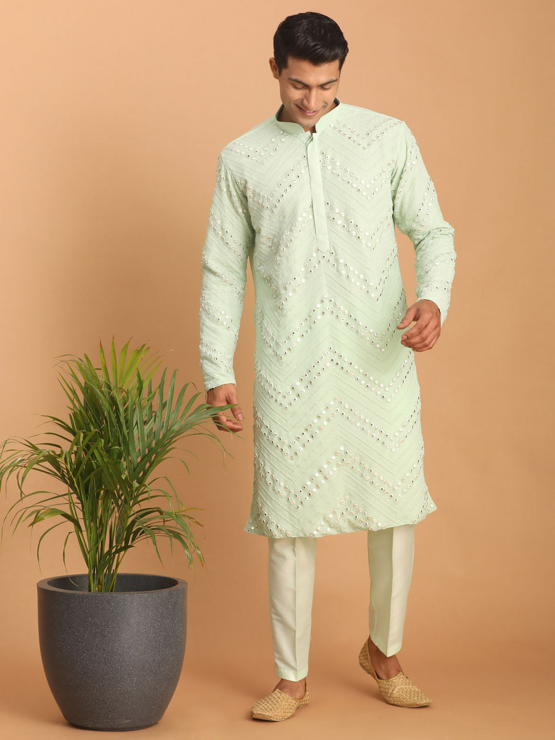 vastramay mens mint green embroidered mirror work kurta with solid stylish pant set