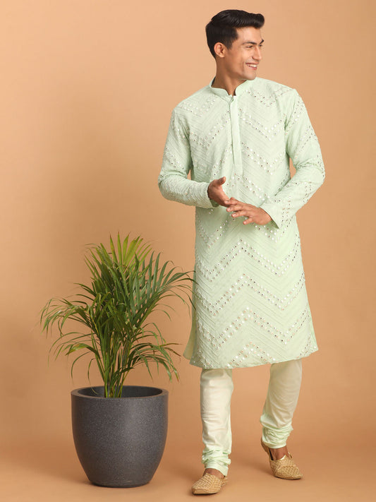 vastramay mens mint green embroidered mirror work kurta with churidar pyjama set