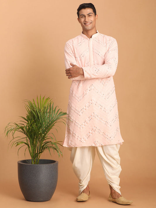 vastramay mens pink embroidered mirror work kurta with cream cowl dhoti set