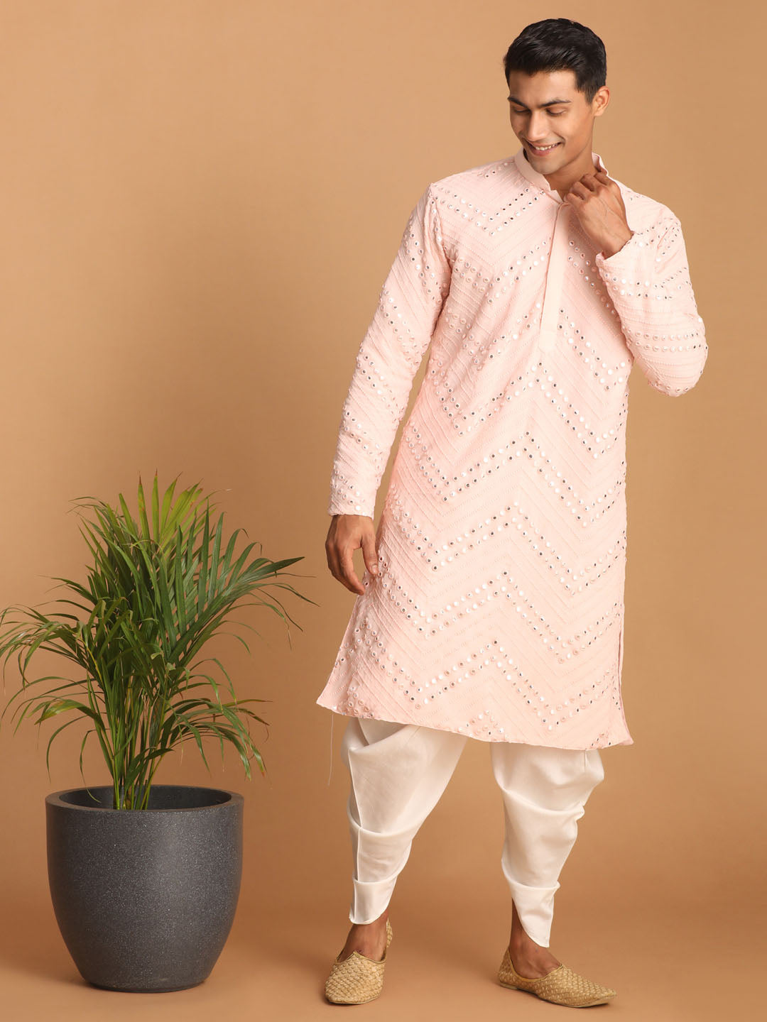 vastramay mens pink embroidered mirror work kurta with white cowl dhoti set