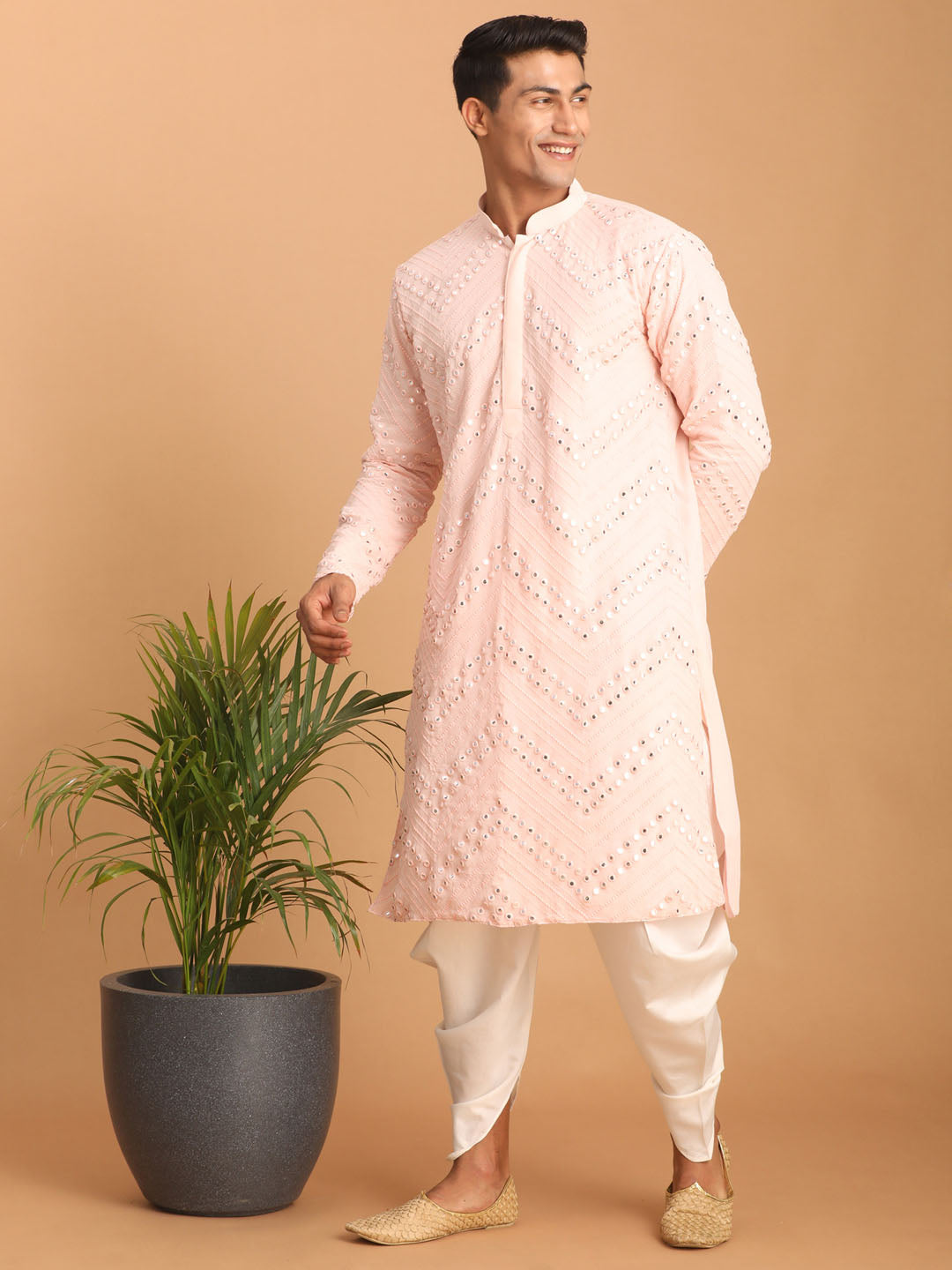 vastramay mens pink embroidered mirror work kurta with white cowl dhoti set