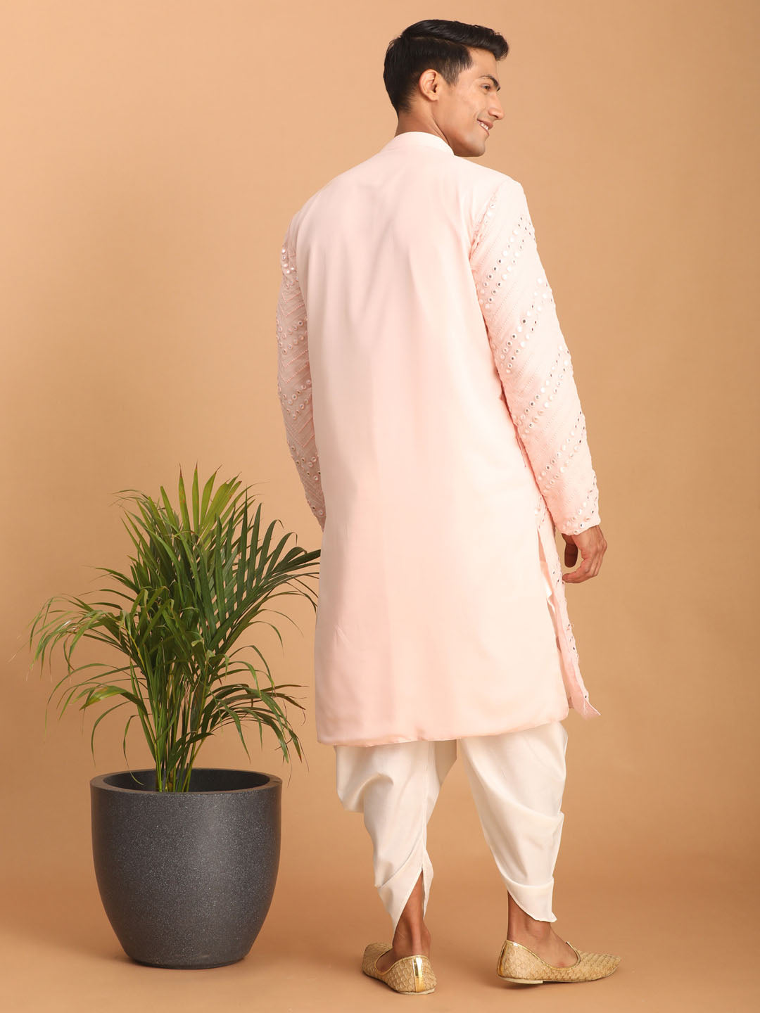 vastramay mens pink embroidered mirror work kurta with white cowl dhoti set