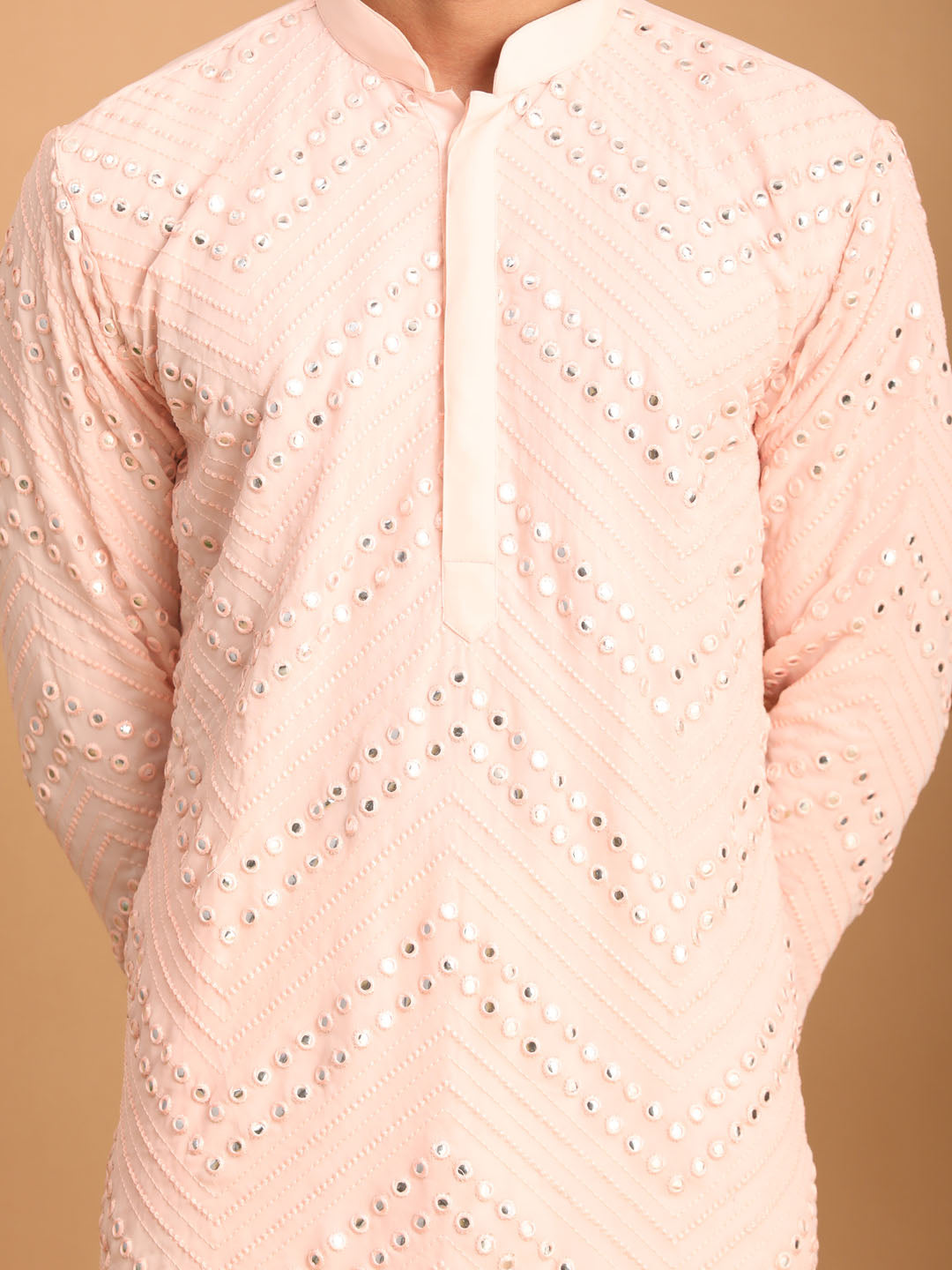vastramay mens pink embroidered mirror work kurta with white cowl dhoti set